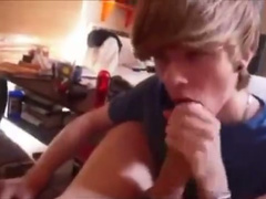 Skinny twink with long hair is giving a BJ
