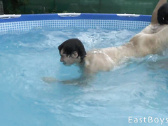 Beauty gay friends are teasing in the pool and masturbating on the bed