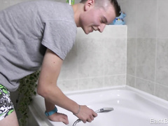 Skinny dude with gay haircut is taking shower and fondling cock
